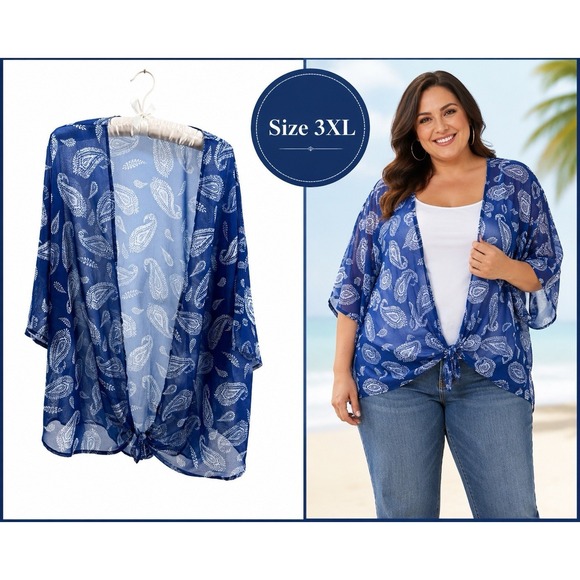 The Unbranded Brand Other - Women's Blue Paisley Sheer Kimono Cover Up Tie Front 3XL Lightweight Resortwear